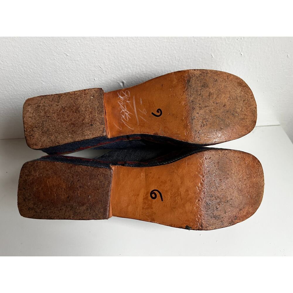 Vintage 60s Platform Mule Heels | Embroidered Denim Peep Toe | Mod Folk | Size 6 - Picture 10 of 10